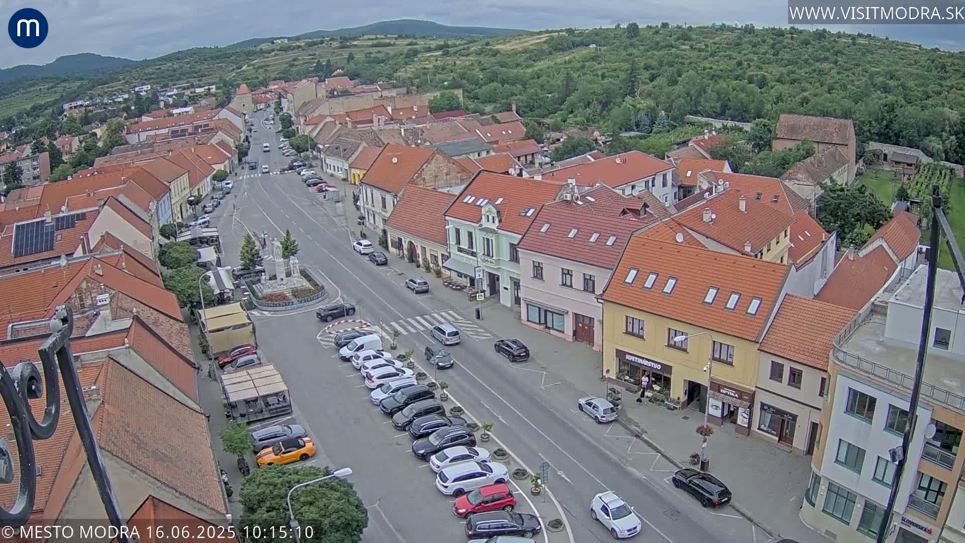 An aerial view shows a town square with parked cars lining a main street, under mostly cloudy skies, surrounded by buildings of various sizes and styles, with hills in the background.