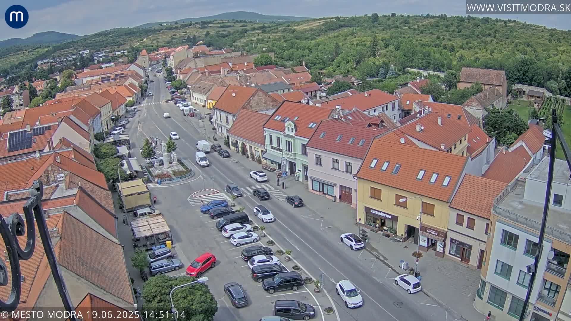 An aerial view of a town square on a partly cloudy day, showing a main street lined with parked cars and buildings, with a small roundabout at the center of the square.