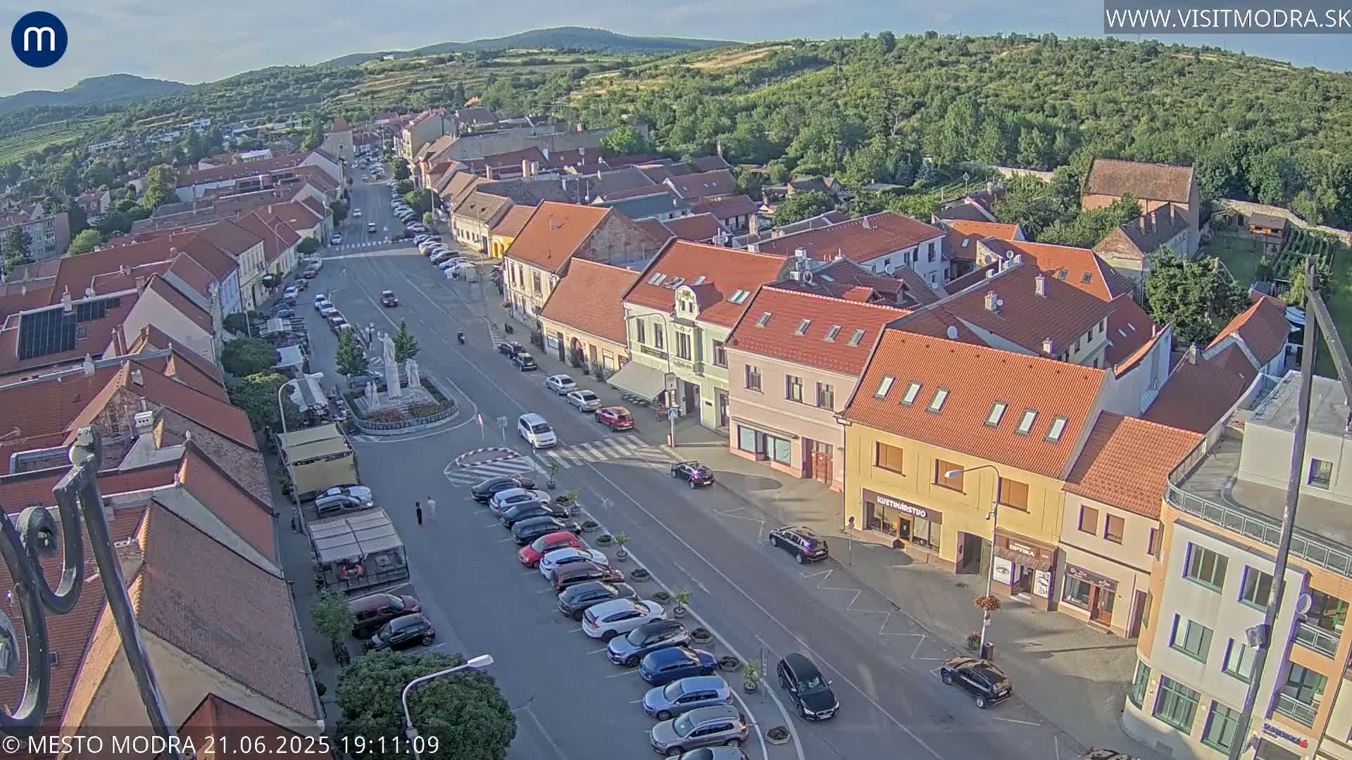 An aerial view of a town square and surrounding buildings on a partly sunny day.