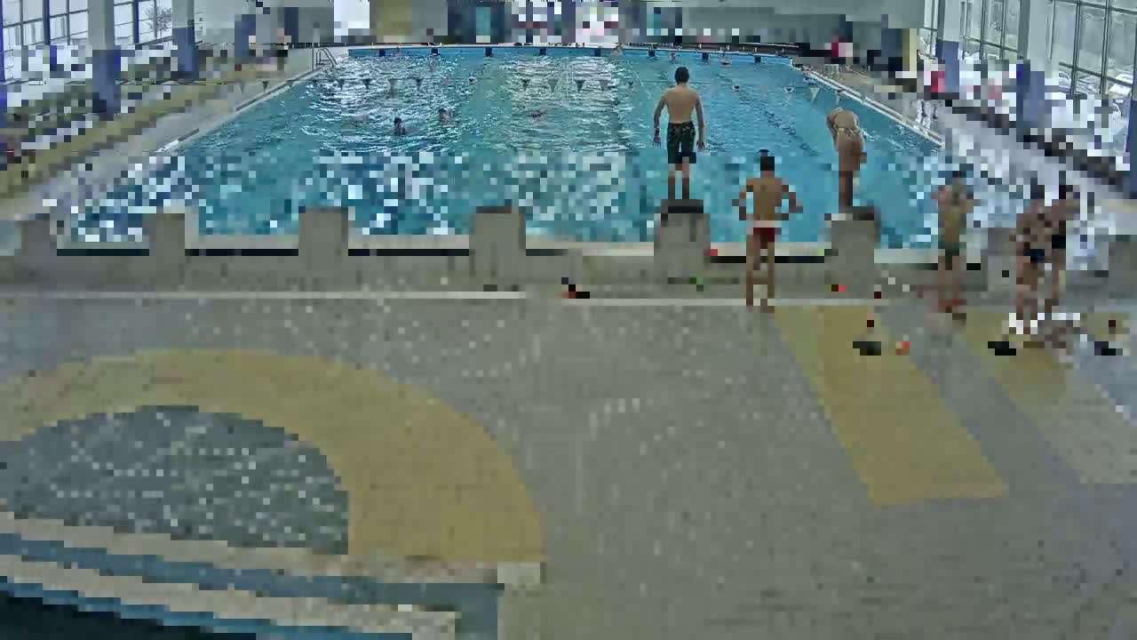 Several people are in and around an indoor swimming pool.