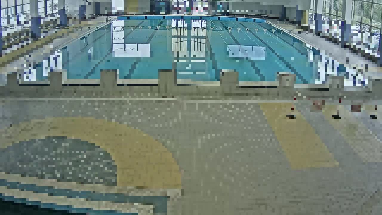 An indoor swimming pool with lane dividers is shown from an overhead perspective, with a large tan area surrounding the pool.