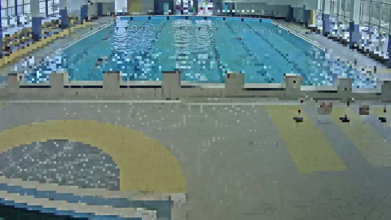 An indoor swimming pool with several people swimming laps, viewed from above.