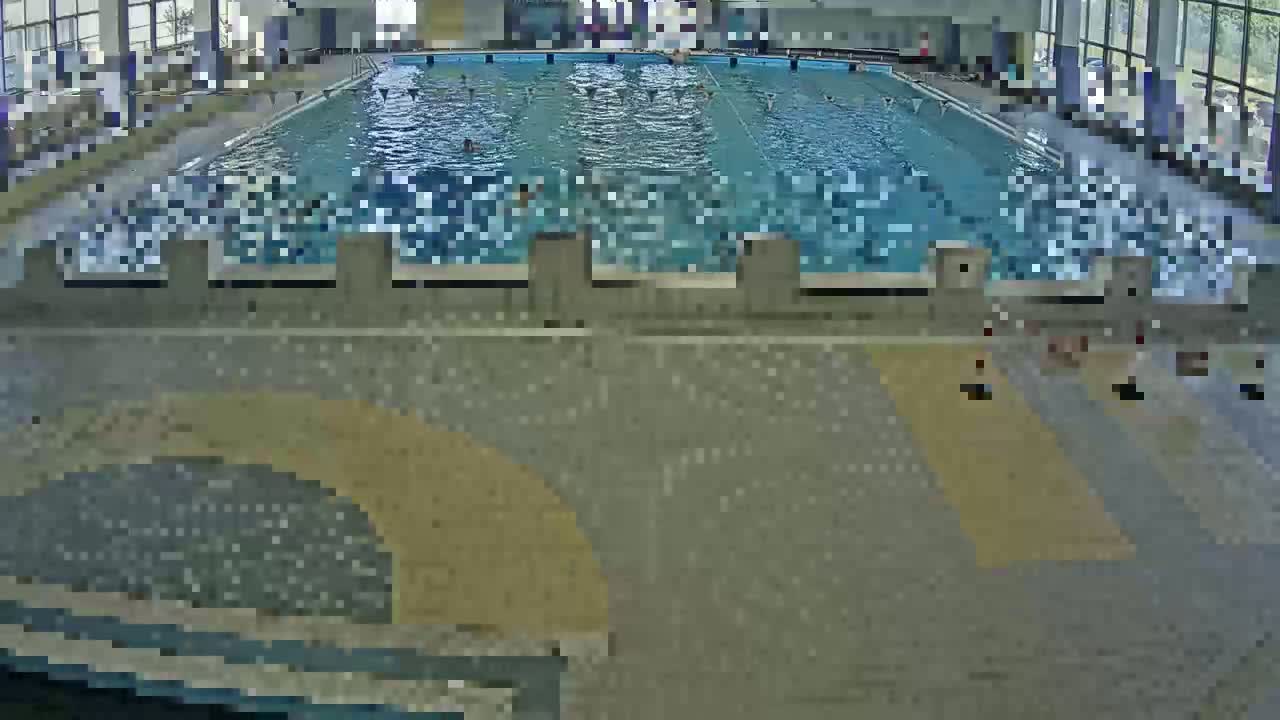 An indoor swimming pool with several people swimming in it.