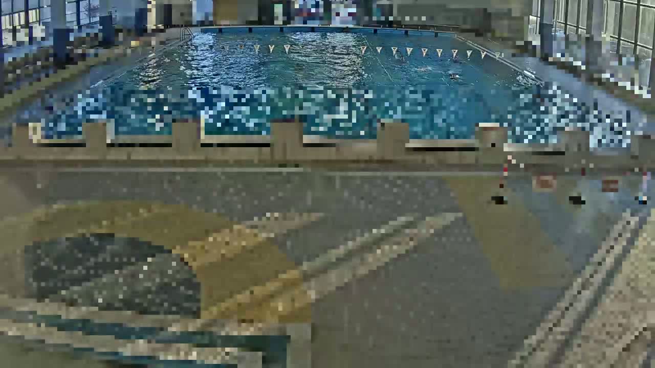 An indoor swimming pool with several people swimming in it, viewed from above.
