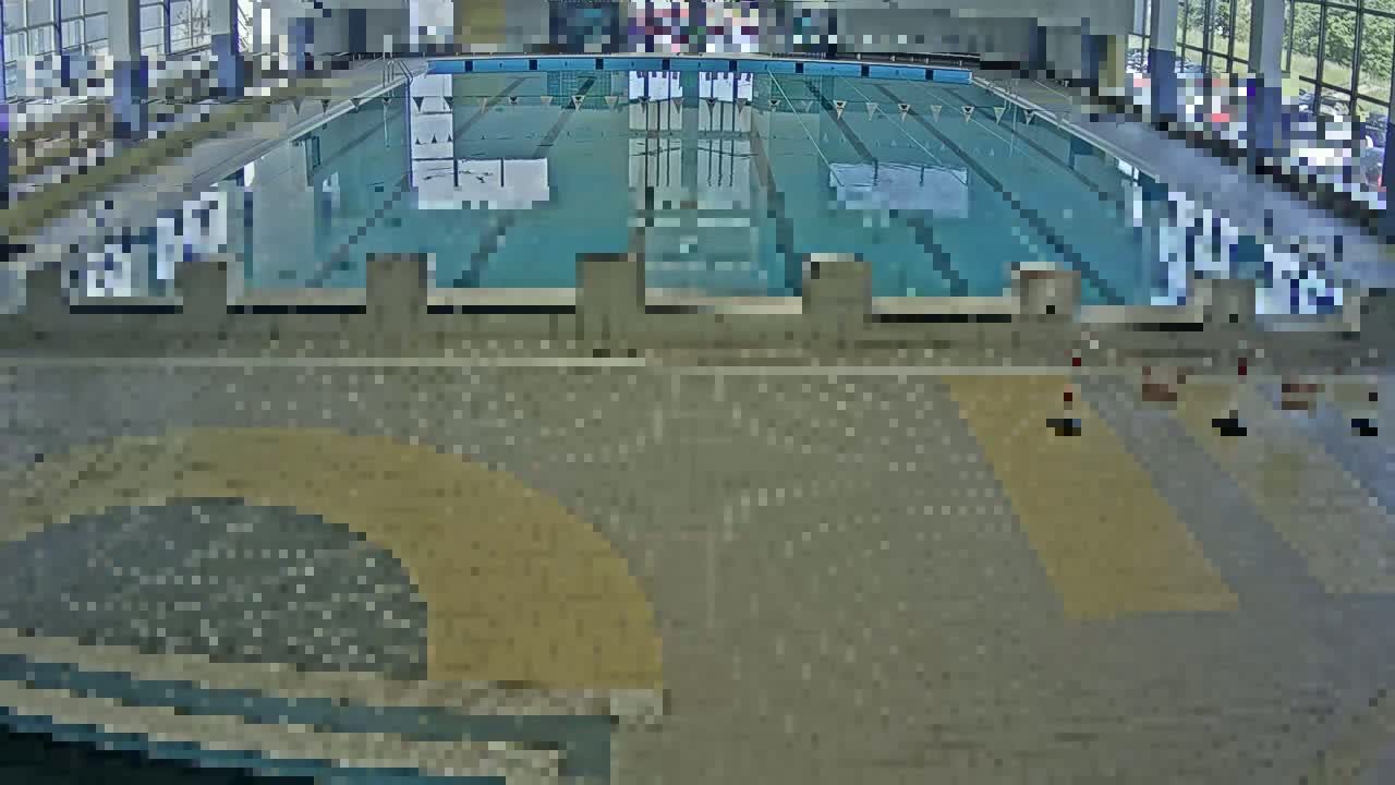 An indoor swimming pool with multiple lanes is seen from above, the surrounding area is composed of a gray tiled floor.
