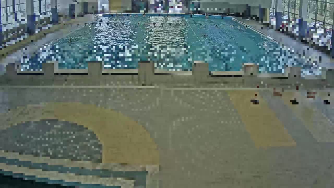 An indoor swimming pool with several people swimming and a tan-colored tiled area surrounding the pool.