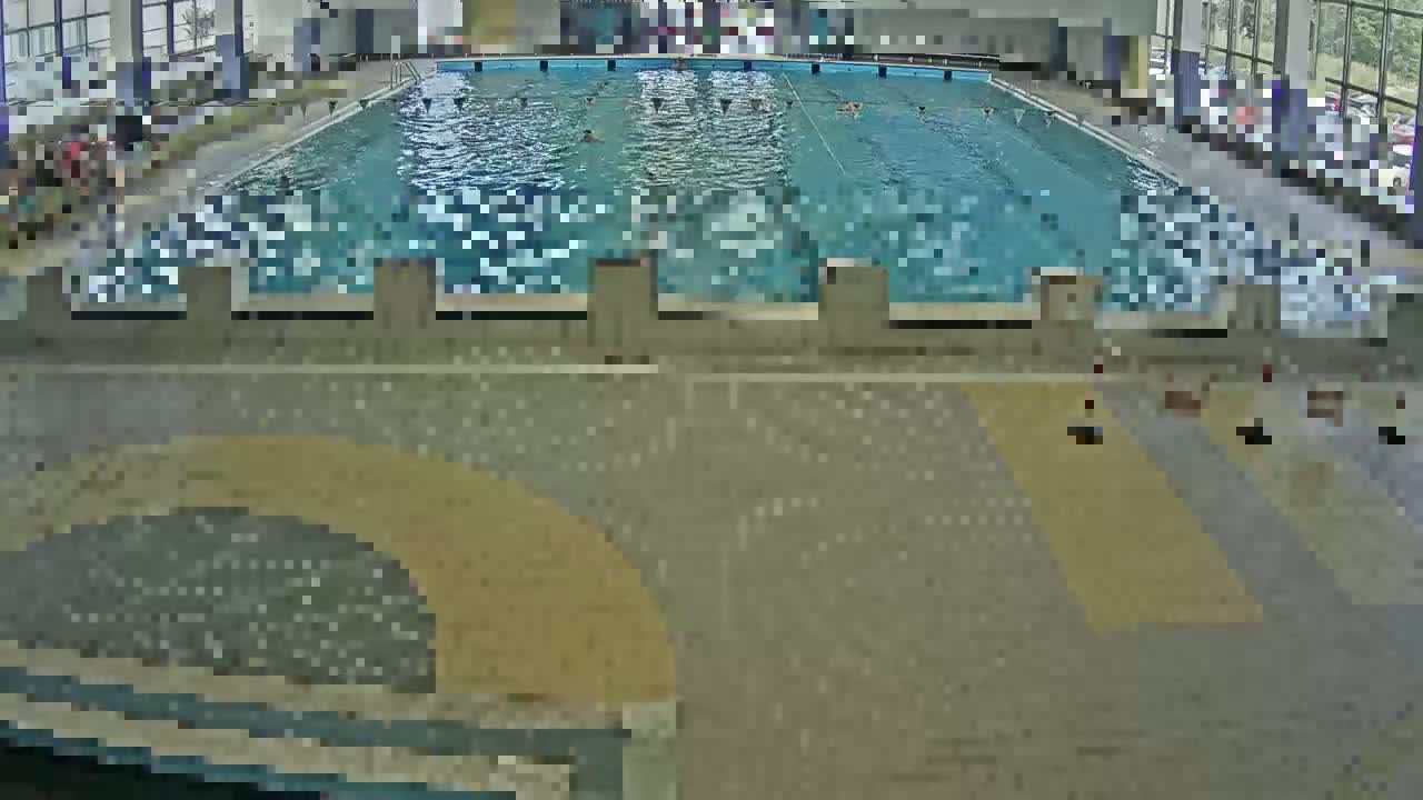 An indoor swimming pool with several people swimming in it is viewed from above.