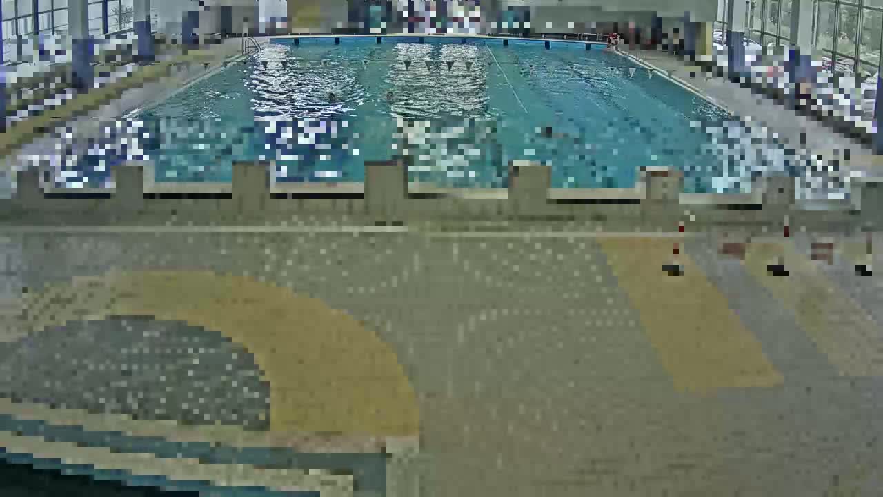 An indoor swimming pool with several people swimming and sitting around the pool deck.