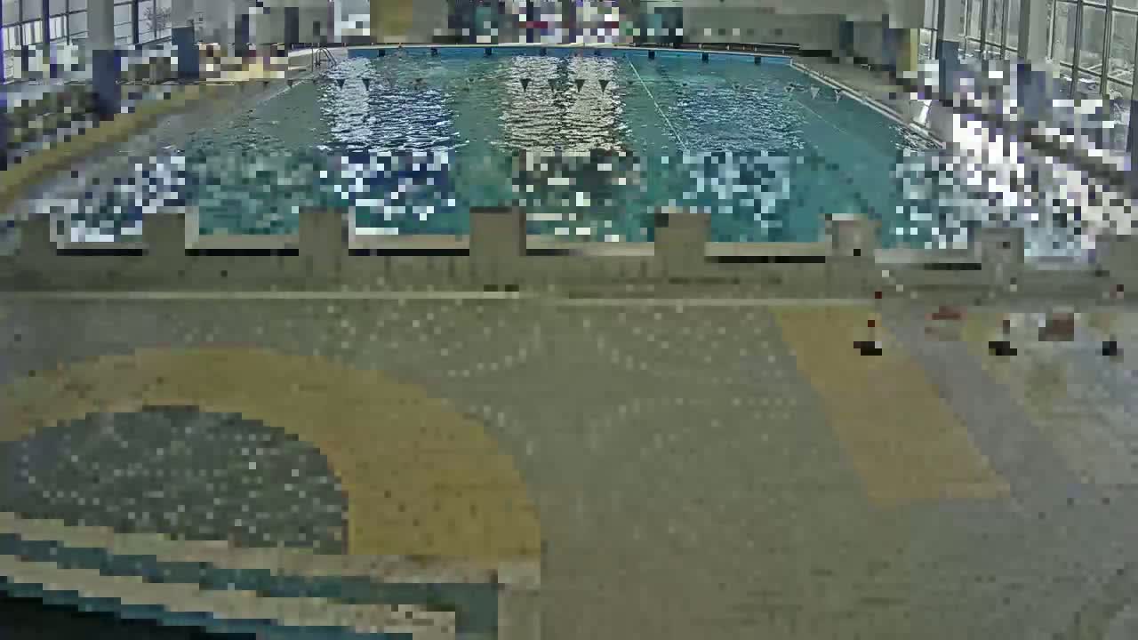 An indoor swimming pool with people in the water and a tiled deck area surrounding it.