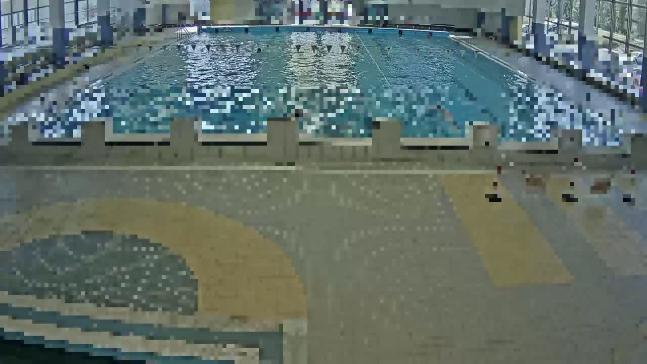 An indoor swimming pool with several people swimming and a tiled floor surrounding it.