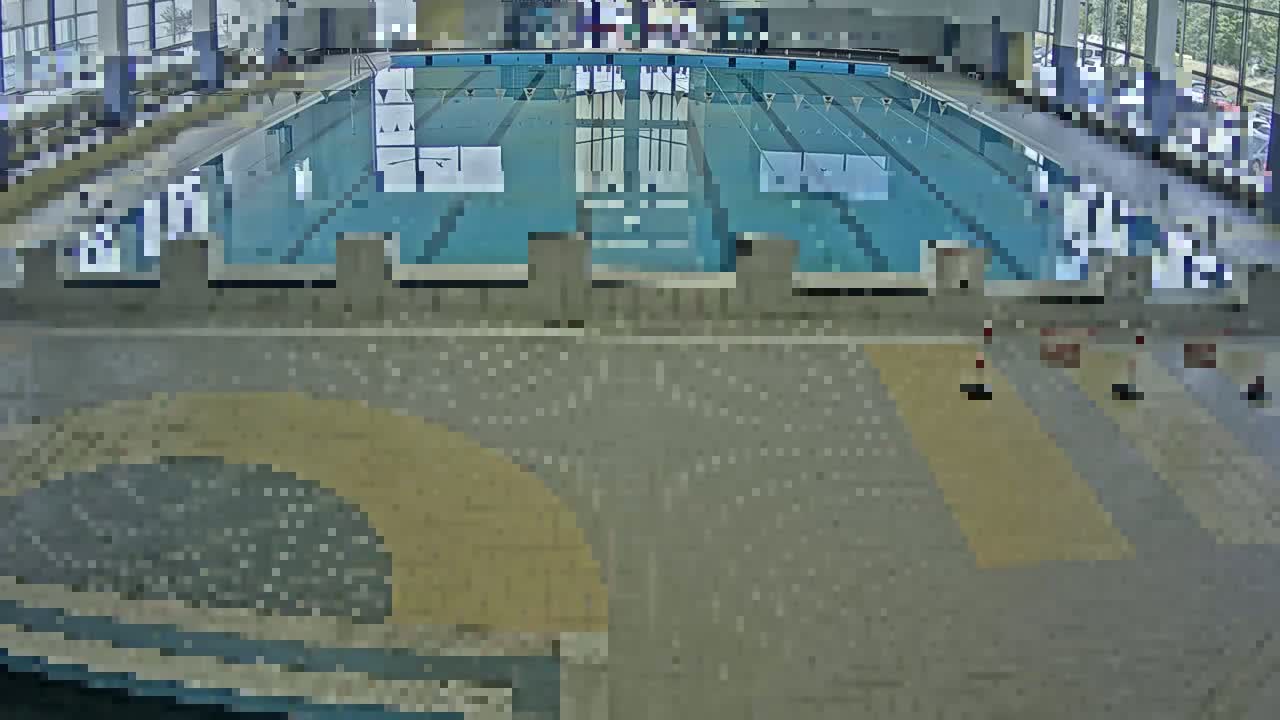 An indoor swimming pool with multiple lanes is viewed from above, the surrounding area showing a tiled floor.