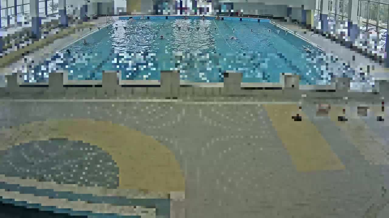 An indoor swimming pool with numerous people swimming laps and lounging around the perimeter.