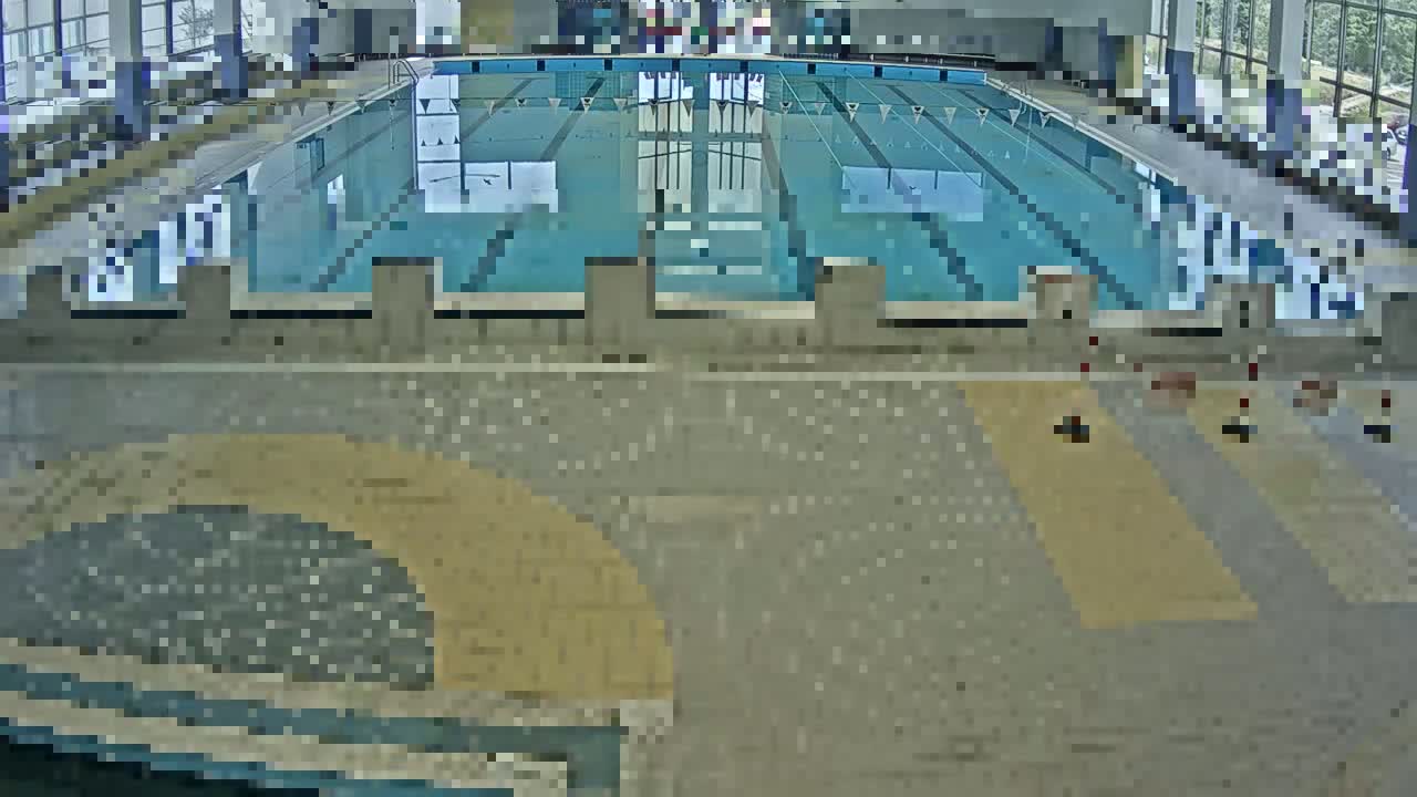 An indoor swimming pool with several lanes is shown from an elevated vantage point.