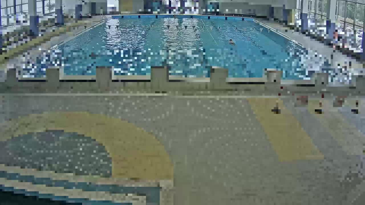 An indoor swimming pool with several people swimming and sitting around the deck.