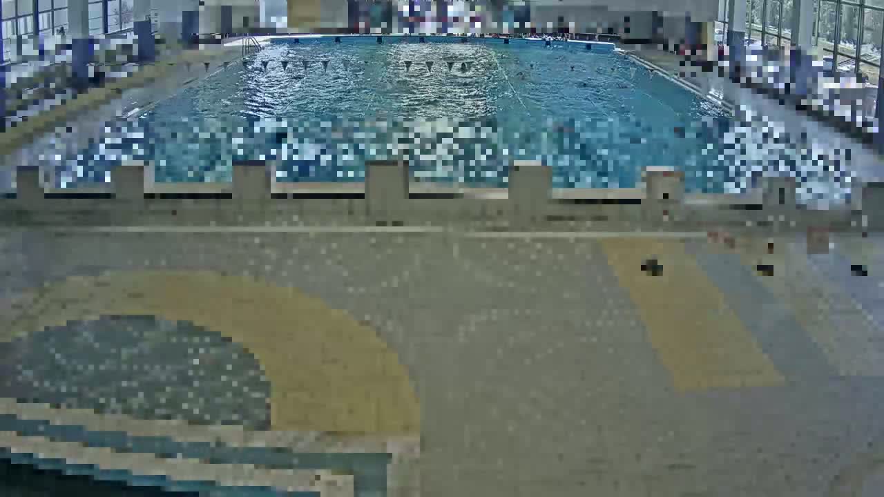 An indoor swimming pool viewed from above shows many people swimming laps in a large pool.