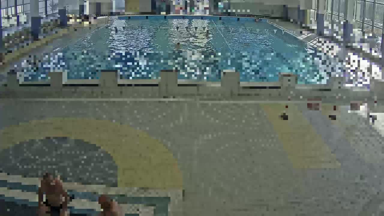 An indoor swimming pool with several people swimming and others relaxing around the pool deck.
