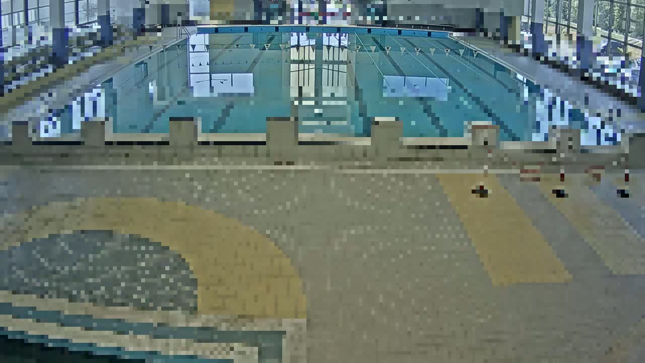 An indoor swimming pool with lane dividers is seen from above, the surrounding area shows tiled floors.