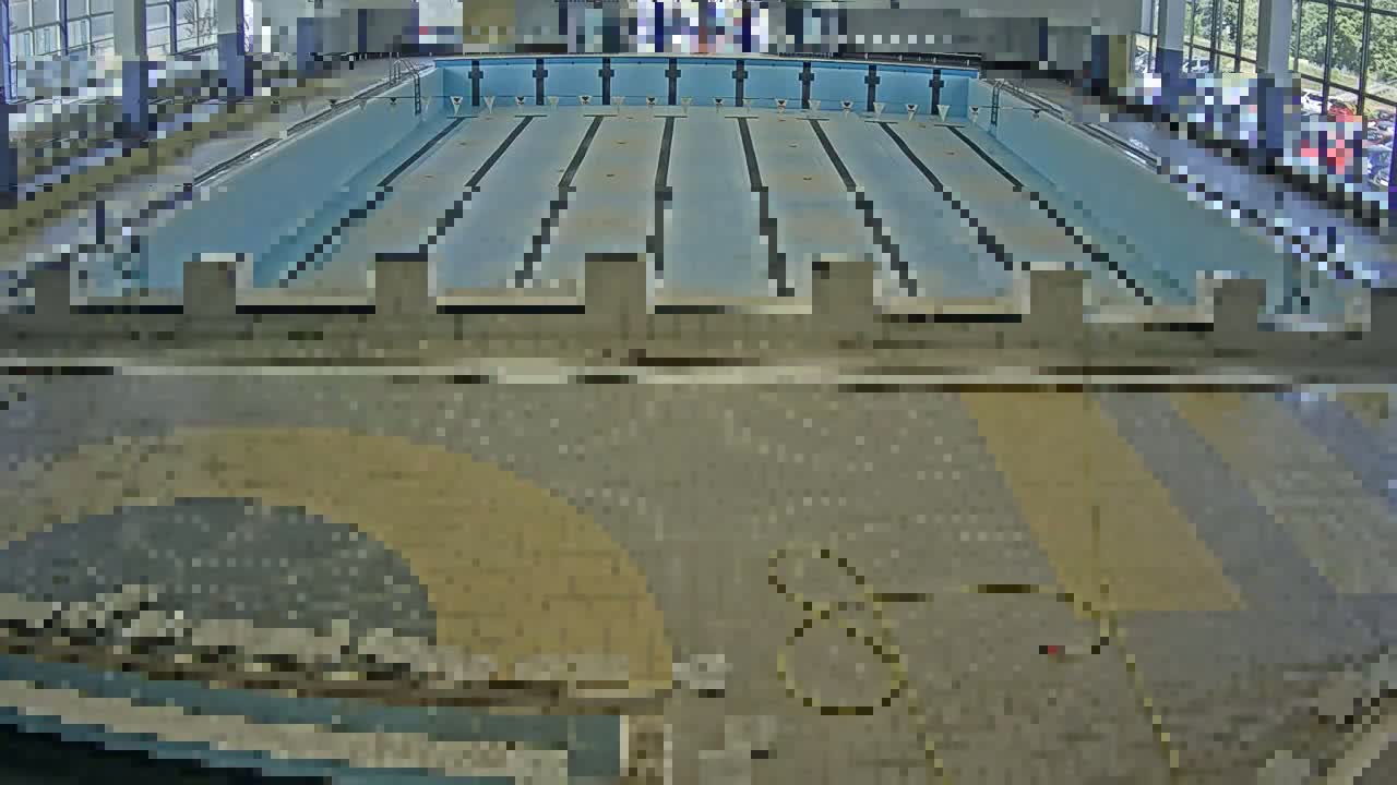 An indoor swimming pool with eight lanes is seen from above, with a tan-colored floor surrounding it.