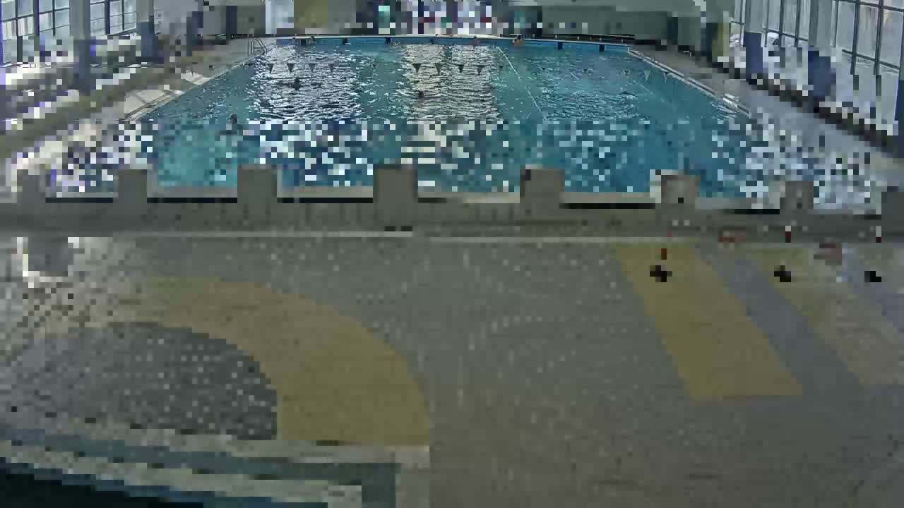 An indoor swimming pool with multiple lanes and starting blocks is viewed from above.