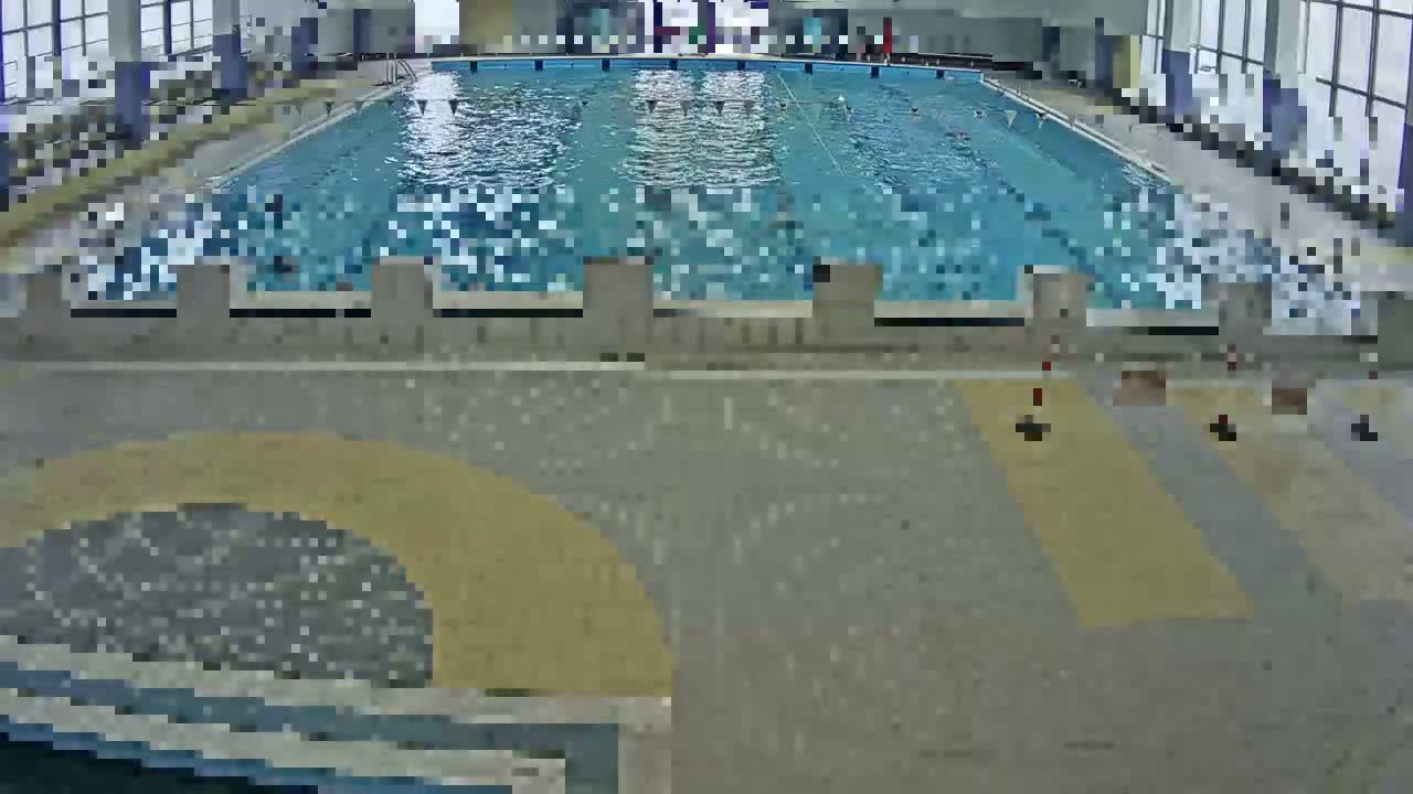 The image displays an indoor swimming pool with blue water and lane lines, where several pixelated figures appear to be swimming or in the water, surrounded by light-colored tiled decking and large windows in the background.