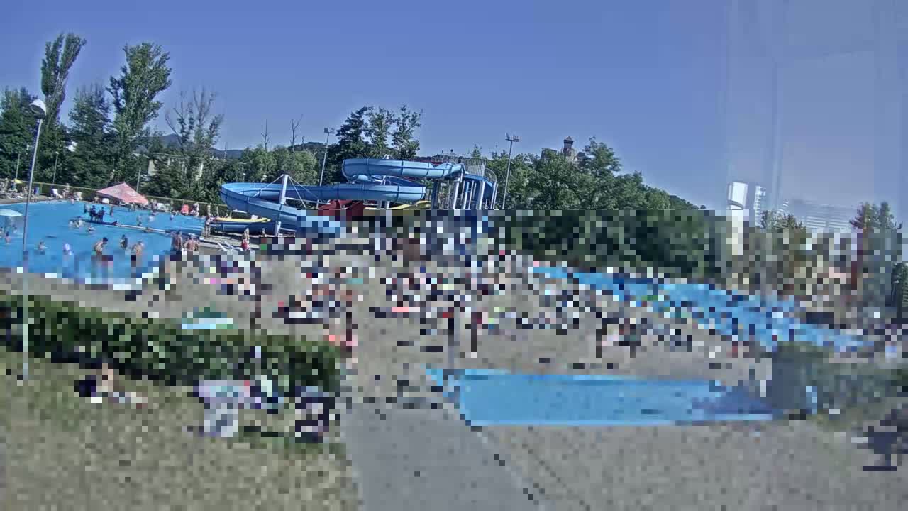 A crowded outdoor water park on a sunny day features a large swimming pool and multiple water slides.