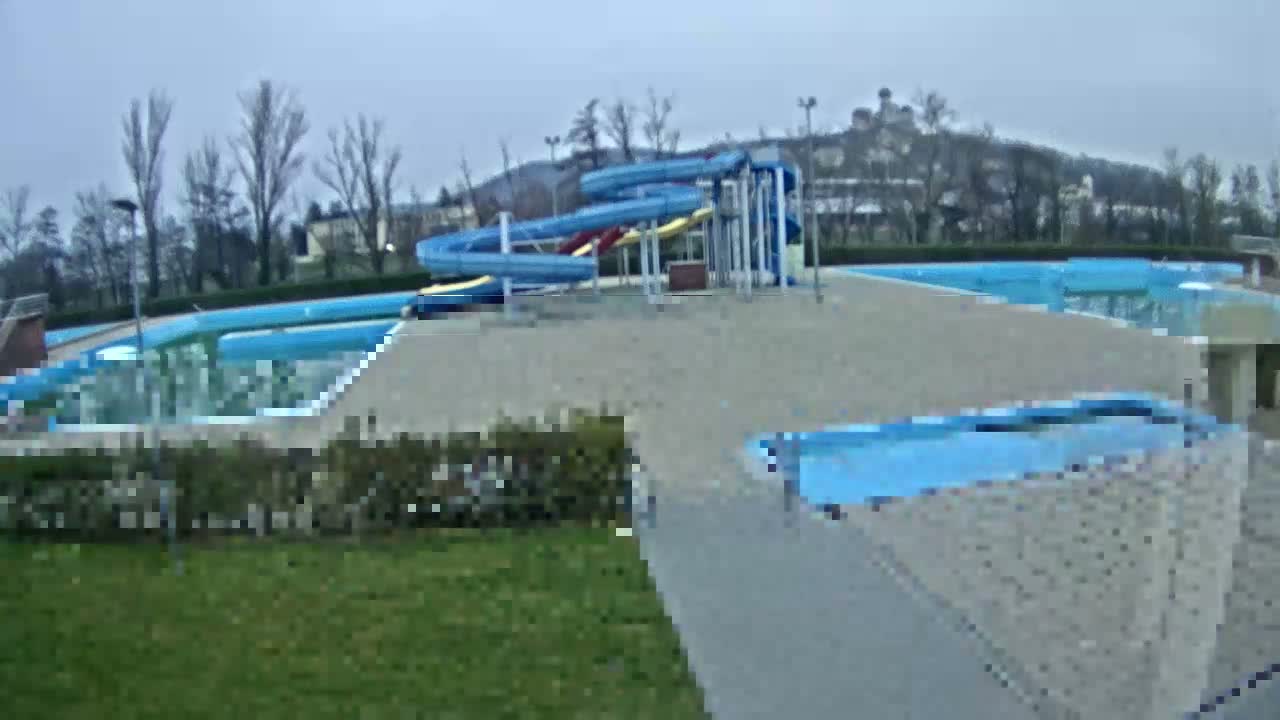 An empty outdoor swimming pool complex with multiple slides and bare trees stands under an overcast sky, with a distant building visible on a hill.
