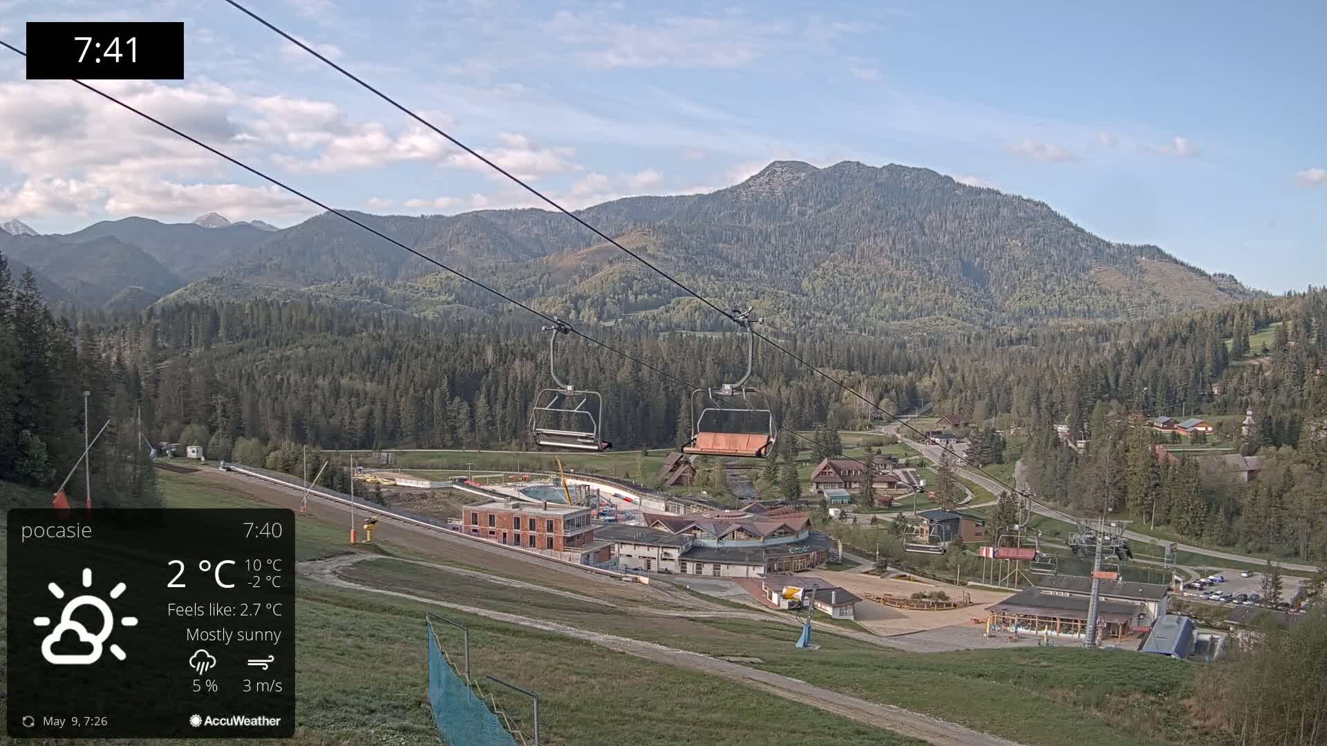A mostly sunny mountain scene with a chairlift and buildings is visible, under a partly cloudy sky.