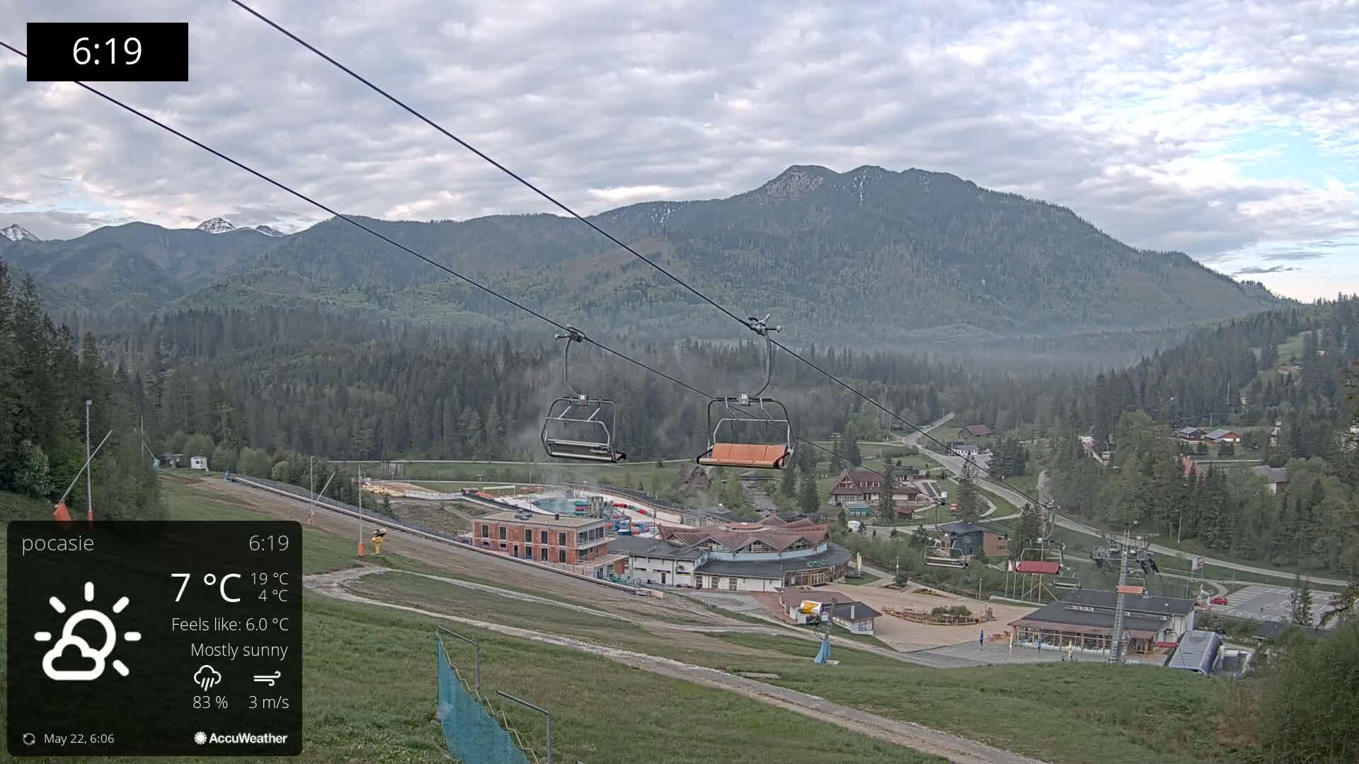A mostly sunny mountain vista with a chairlift and resort buildings below, under a partly cloudy sky.