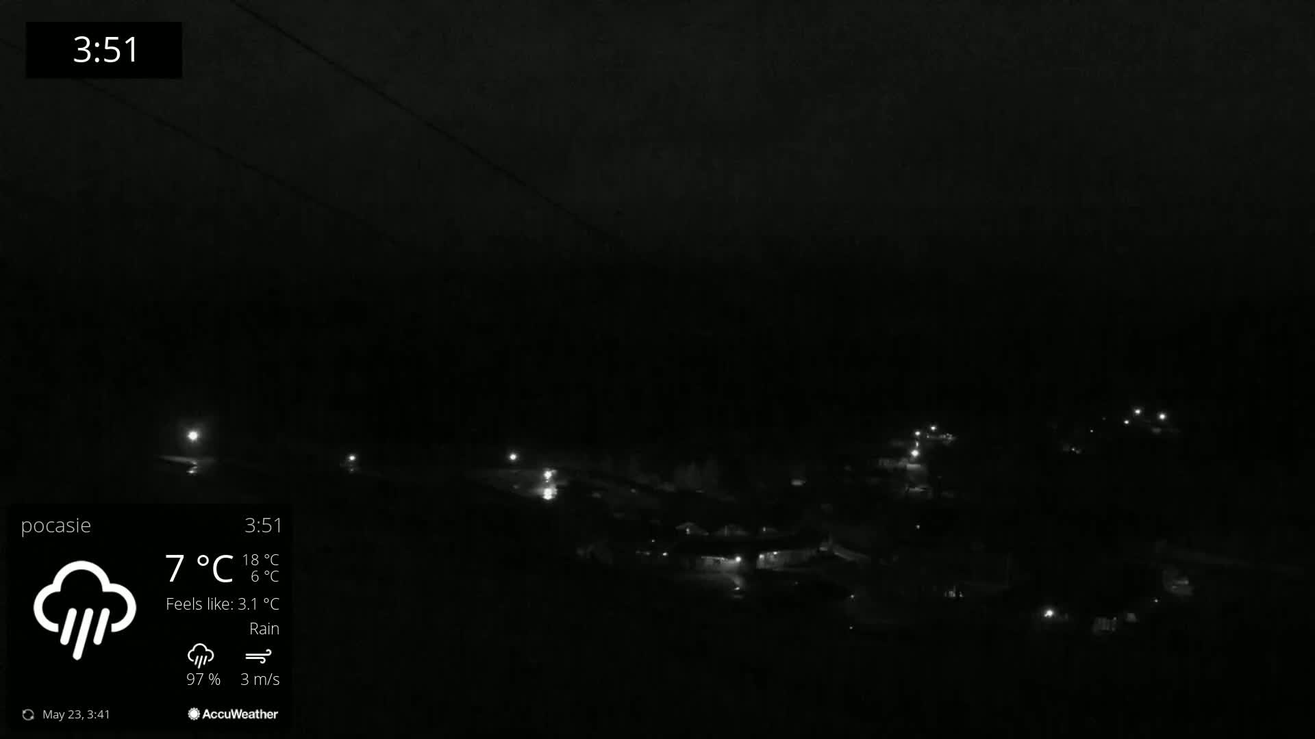 A nighttime, rainy scene shows a small town with dimly lit houses and streets.