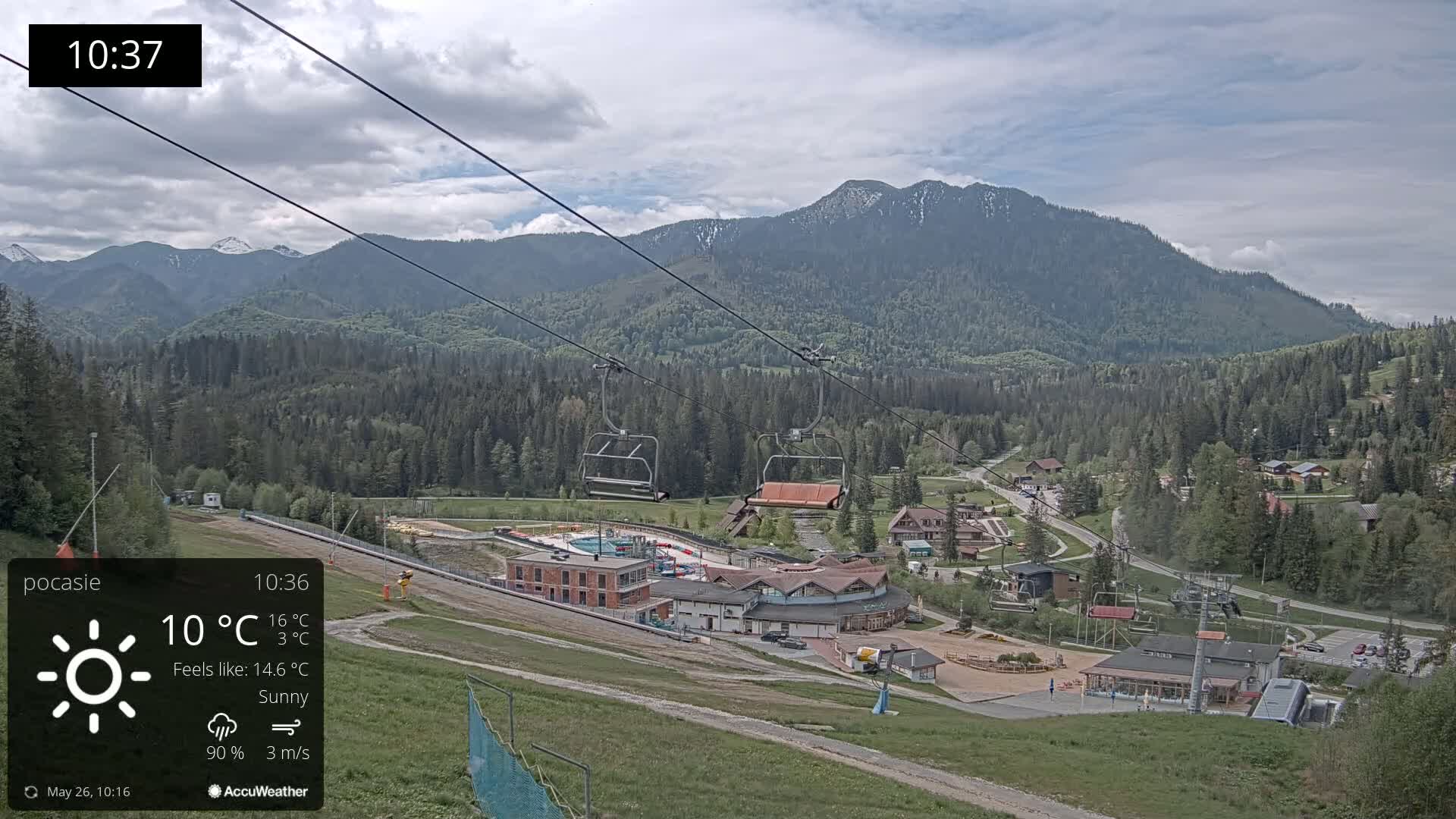 A sunny mountain resort with chairlifts, buildings, and a water park is visible under a partly cloudy sky.