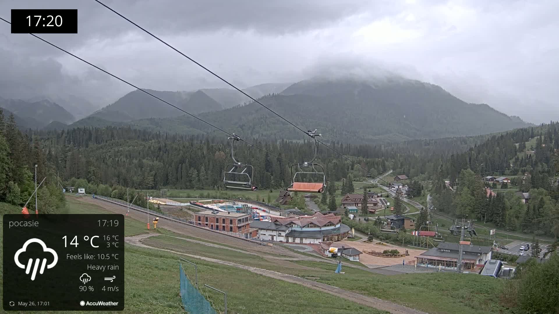 A mountain resort under heavy rain, with a chairlift visible and mountains in the background.
