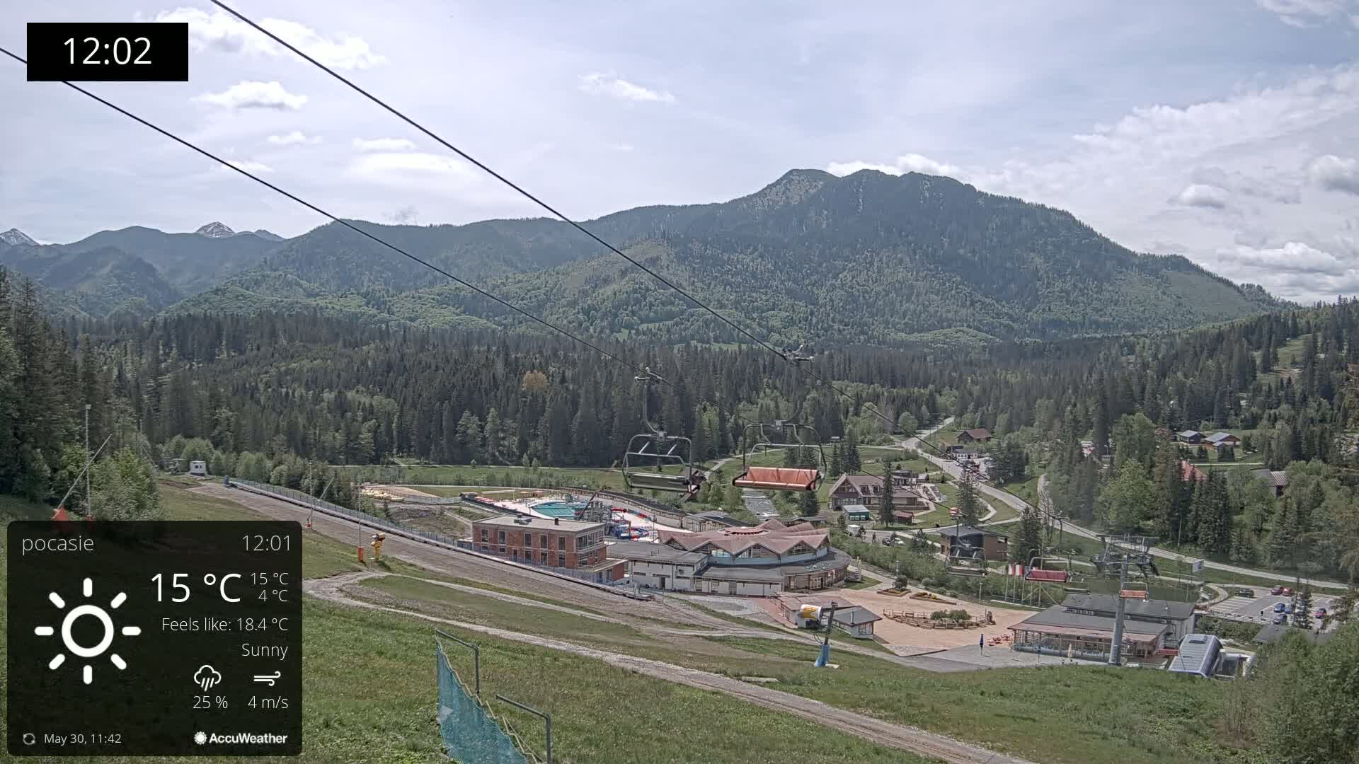 A sunny mountain resort with a chairlift and buildings is nestled in a valley surrounded by green, forested mountains.