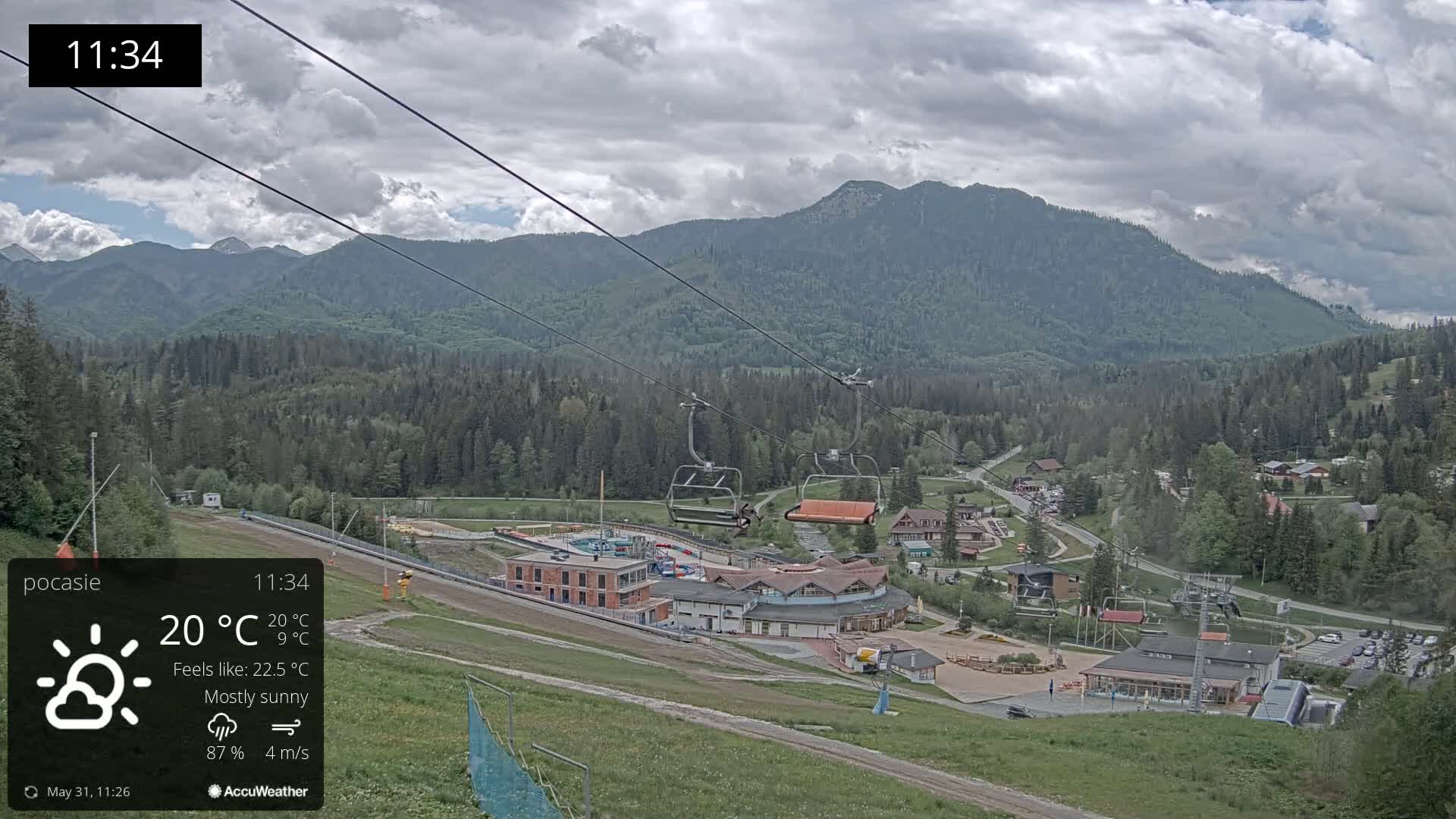 A mostly sunny mountain vista with a chairlift, ski resort buildings, and green hills under a partly cloudy sky.
