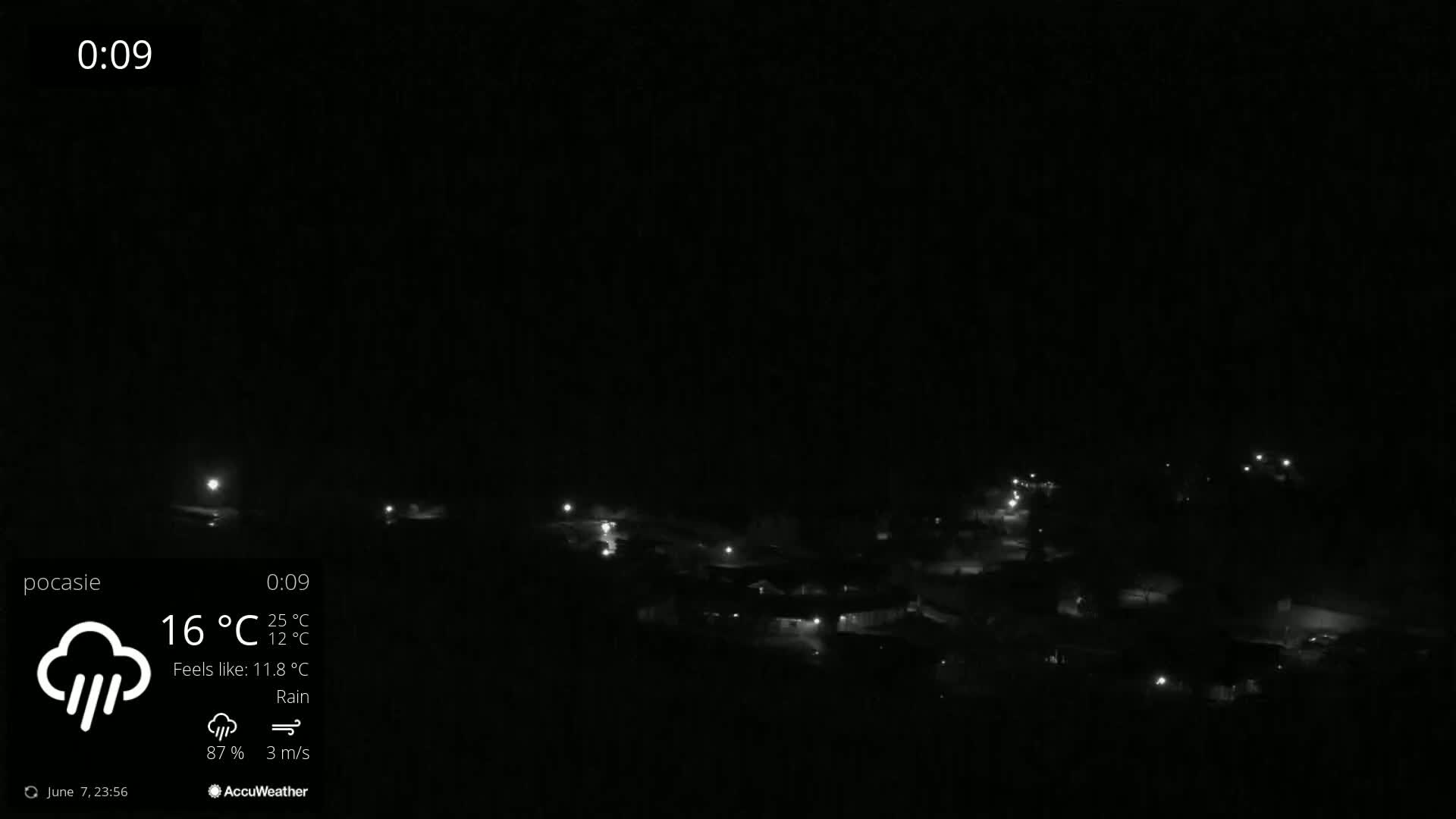 A nighttime, rainy view of a small town with dimly lit houses and streets.