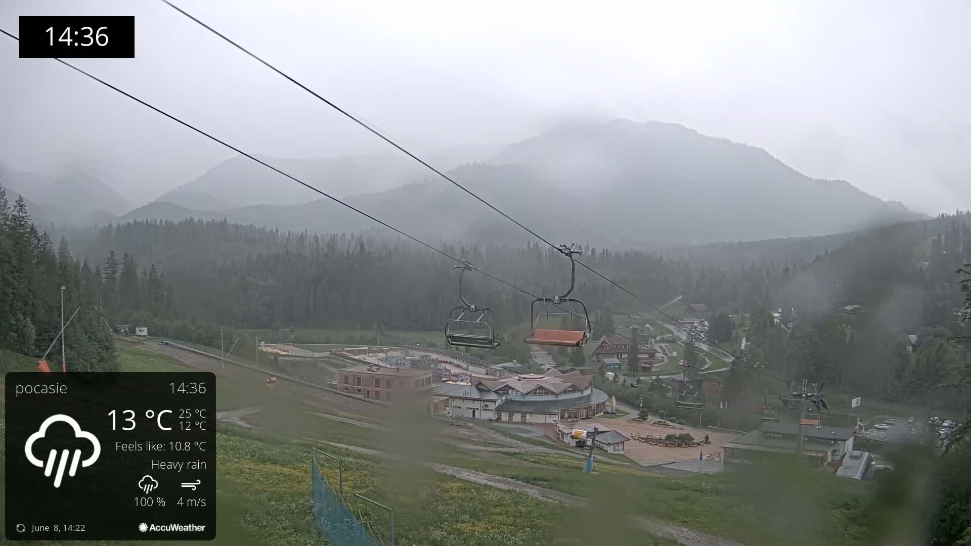 A chairlift ascends a mountainside in heavy rain, overlooking a village nestled among forested hills.