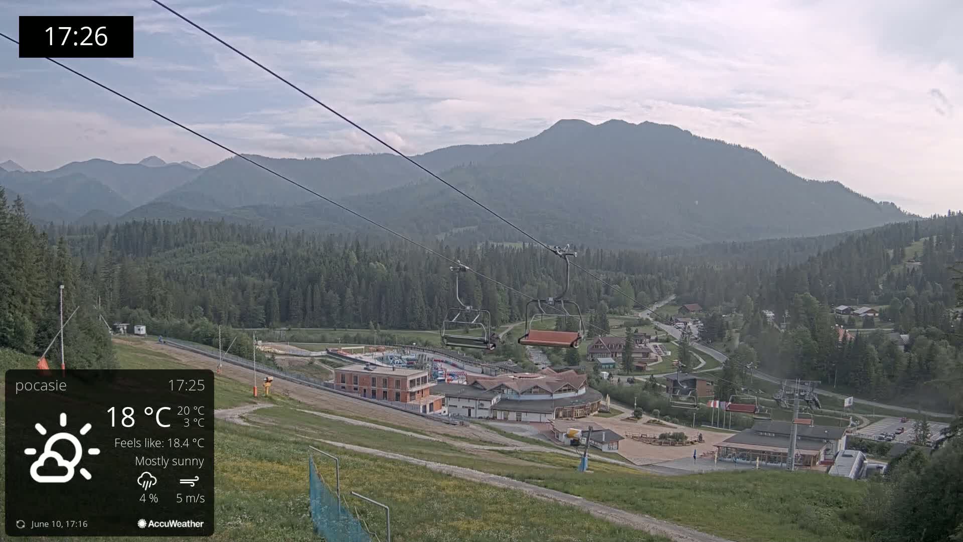 A mostly sunny mountain landscape with a chairlift and buildings below, viewed from a hilltop.
