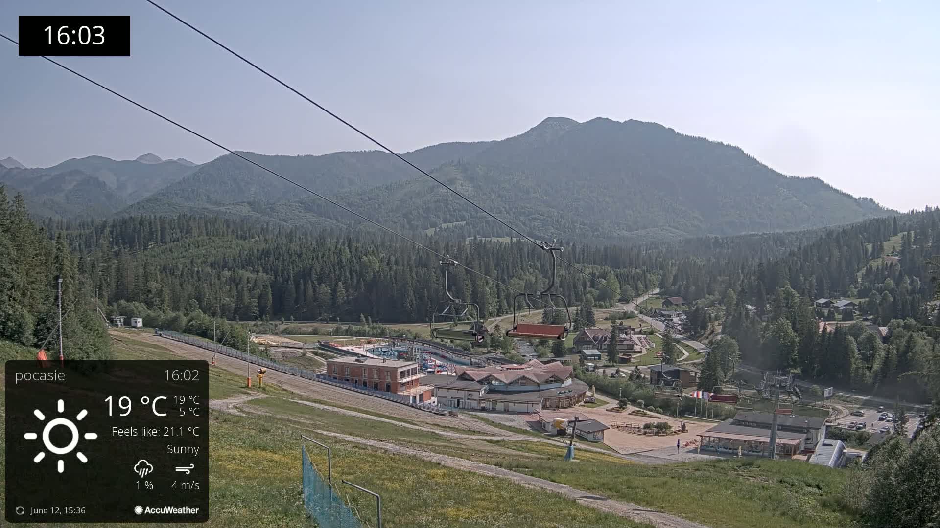 A sunny mountainside view shows a ski resort with chairlifts, buildings, and a small town nestled among the evergreen trees, under a clear sky.