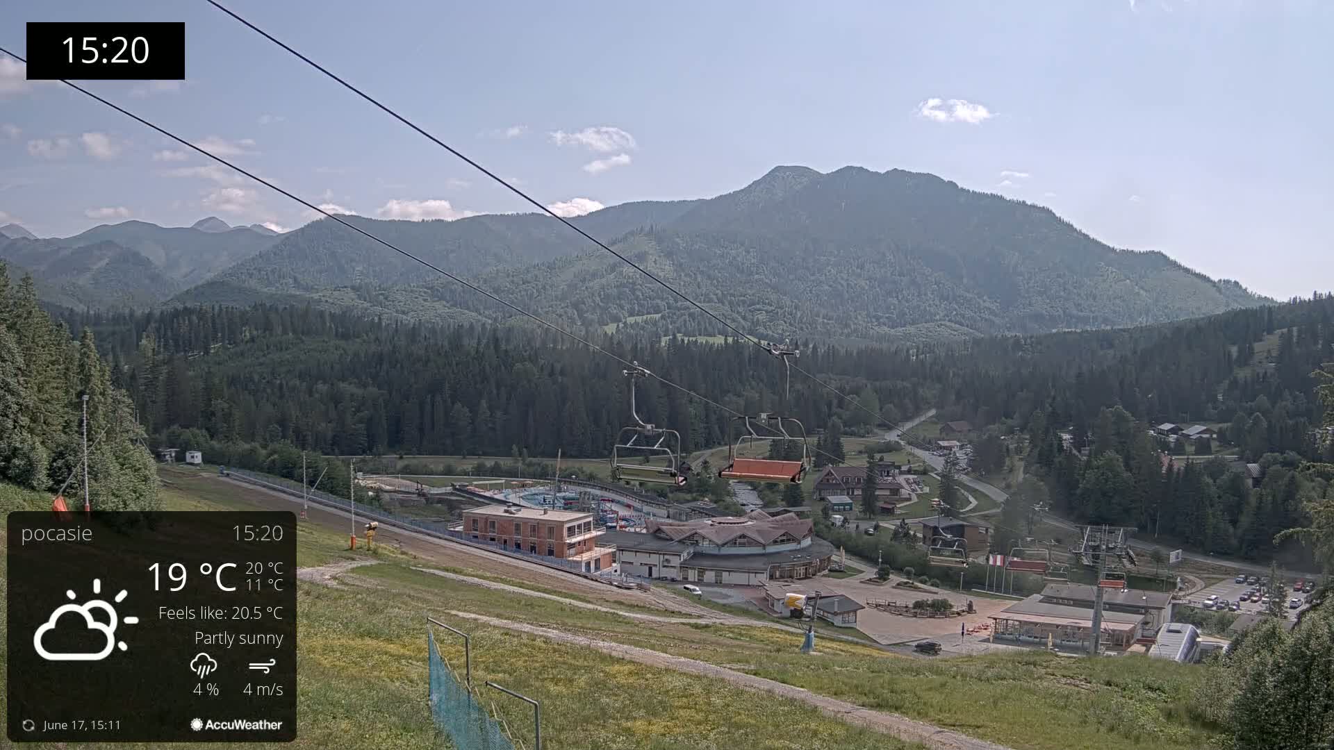 A partly sunny mountain vista shows a ski lift and resort buildings nestled in a green valley, with mountains in the background.