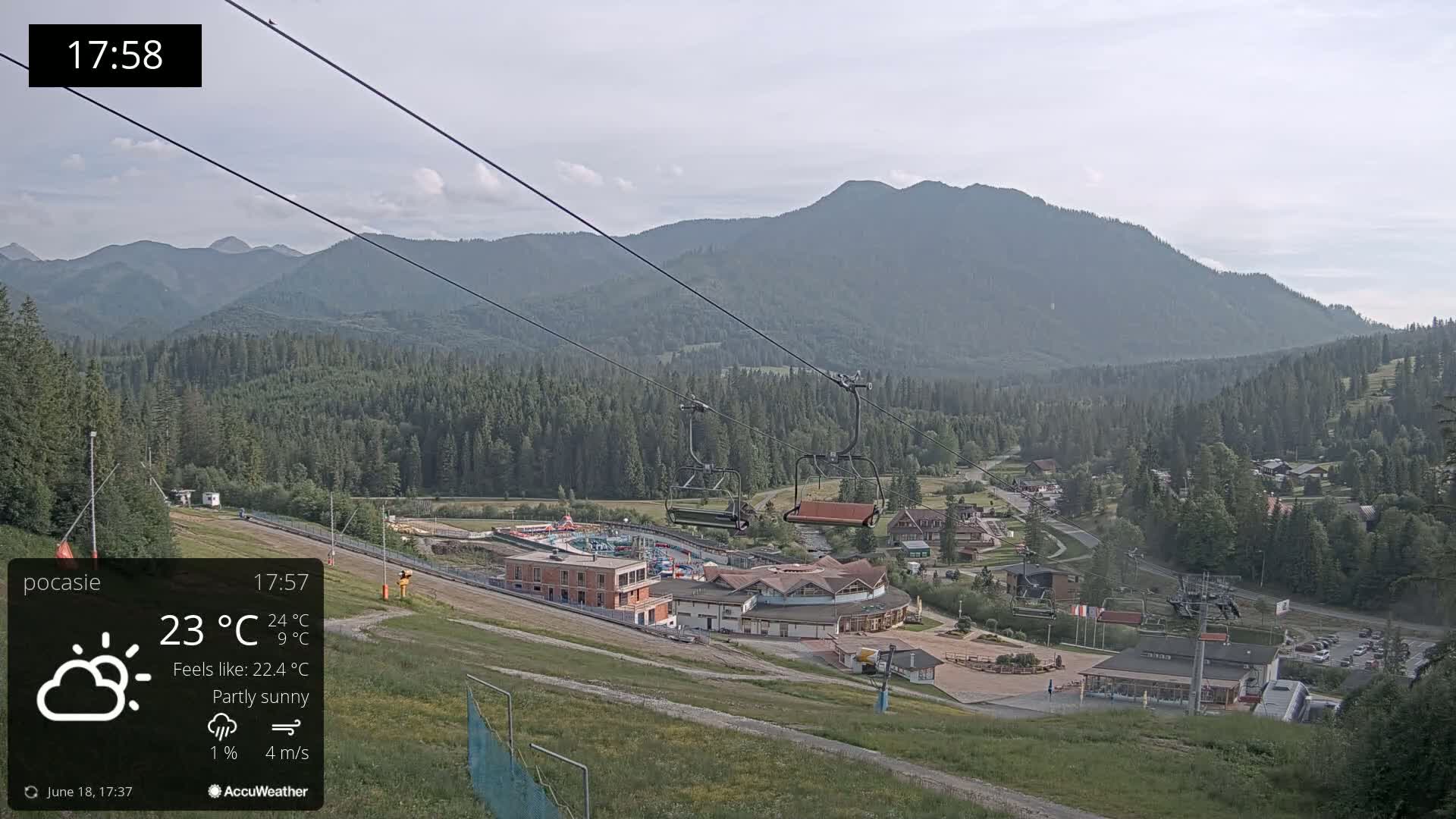 A partly sunny mountain valley scene shows a ski lift and resort buildings, with a chairlift visible in the foreground.