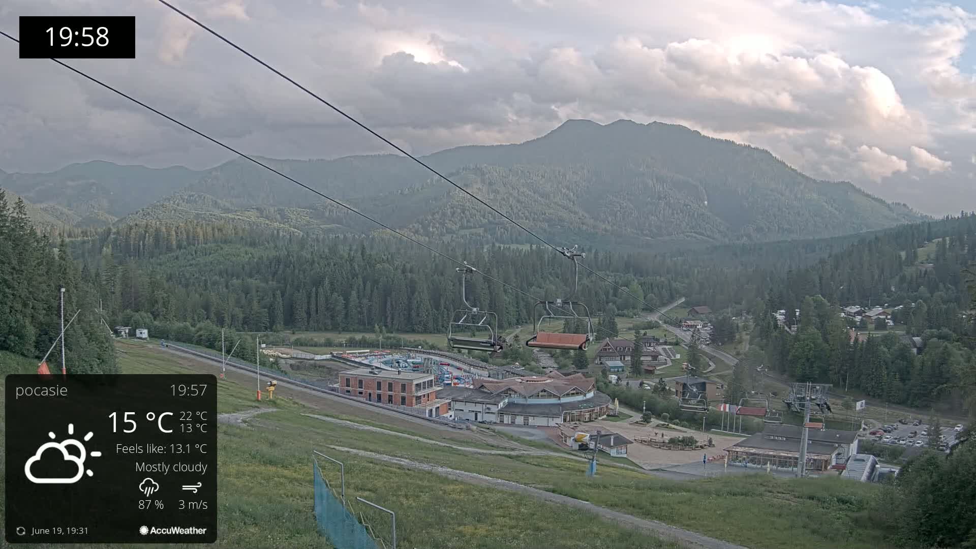 A mostly cloudy evening scene shows a ski lift with empty chairs overlooking a mountain resort nestled in a valley surrounded by green, forested mountains.