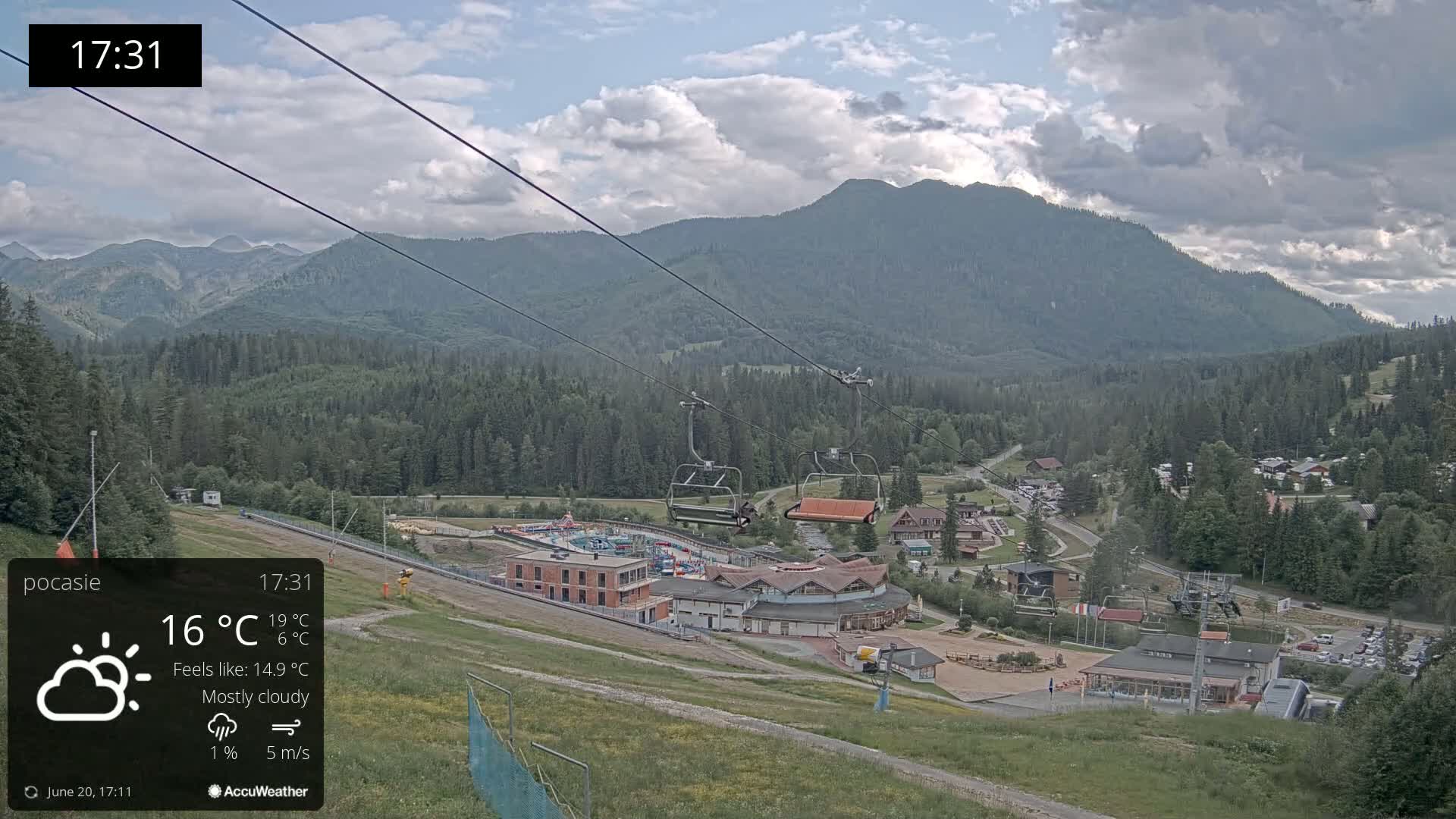 A mostly cloudy mountain scene shows a ski lift, buildings, and a parking lot, with mountains in the background.