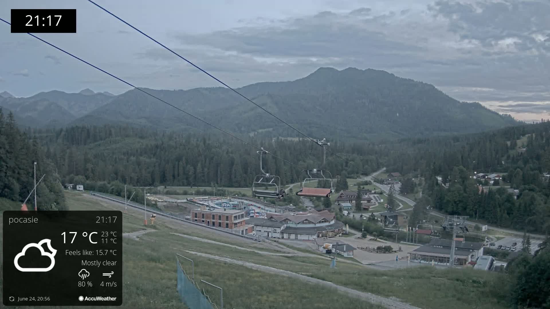A mostly clear evening view shows a ski resort nestled in a valley surrounded by mountains, with chairlifts visible and a light breeze.