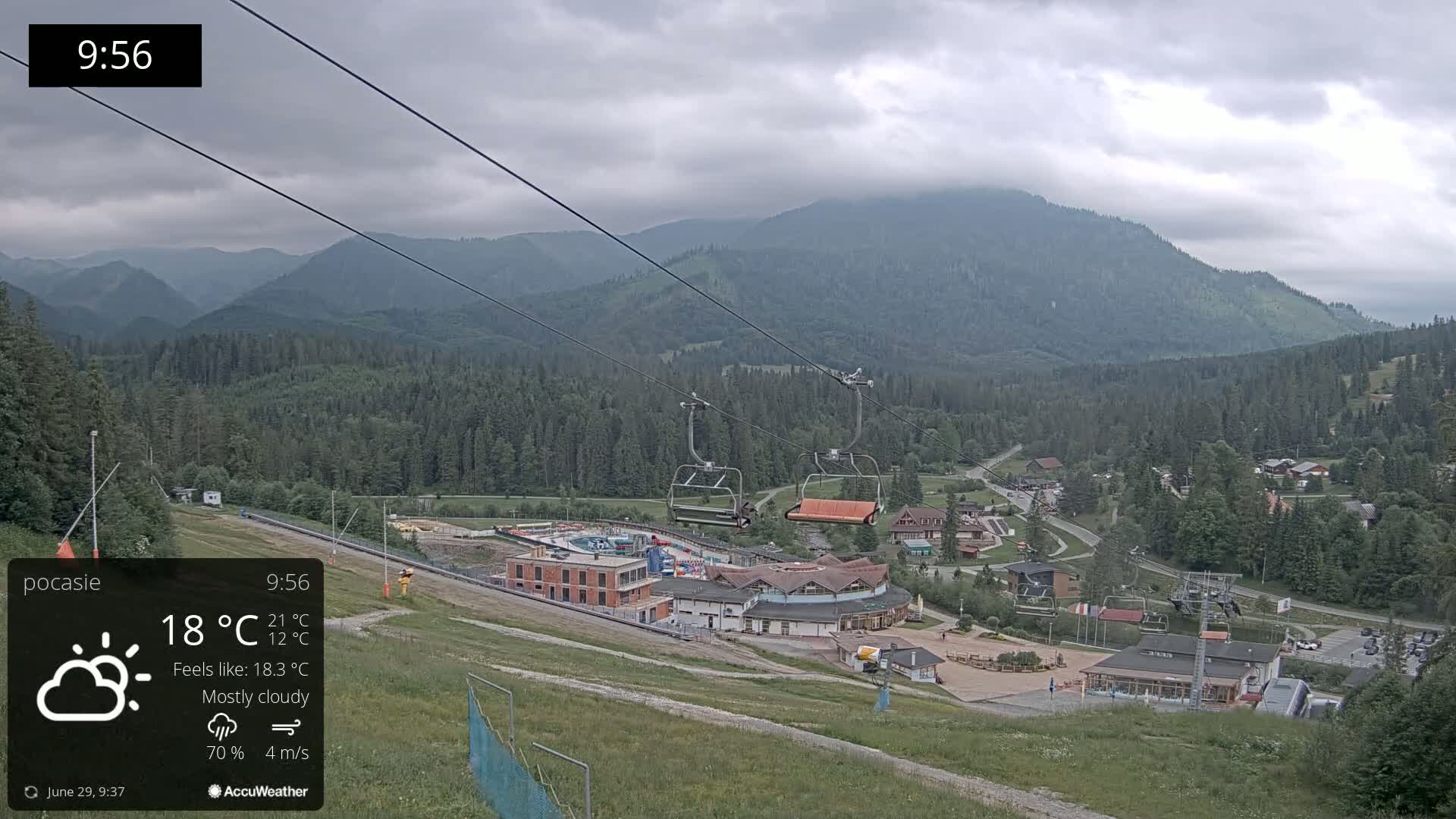 A mostly cloudy mountain scene shows a ski resort with chairlifts and buildings nestled in a valley, under a mostly cloudy sky.