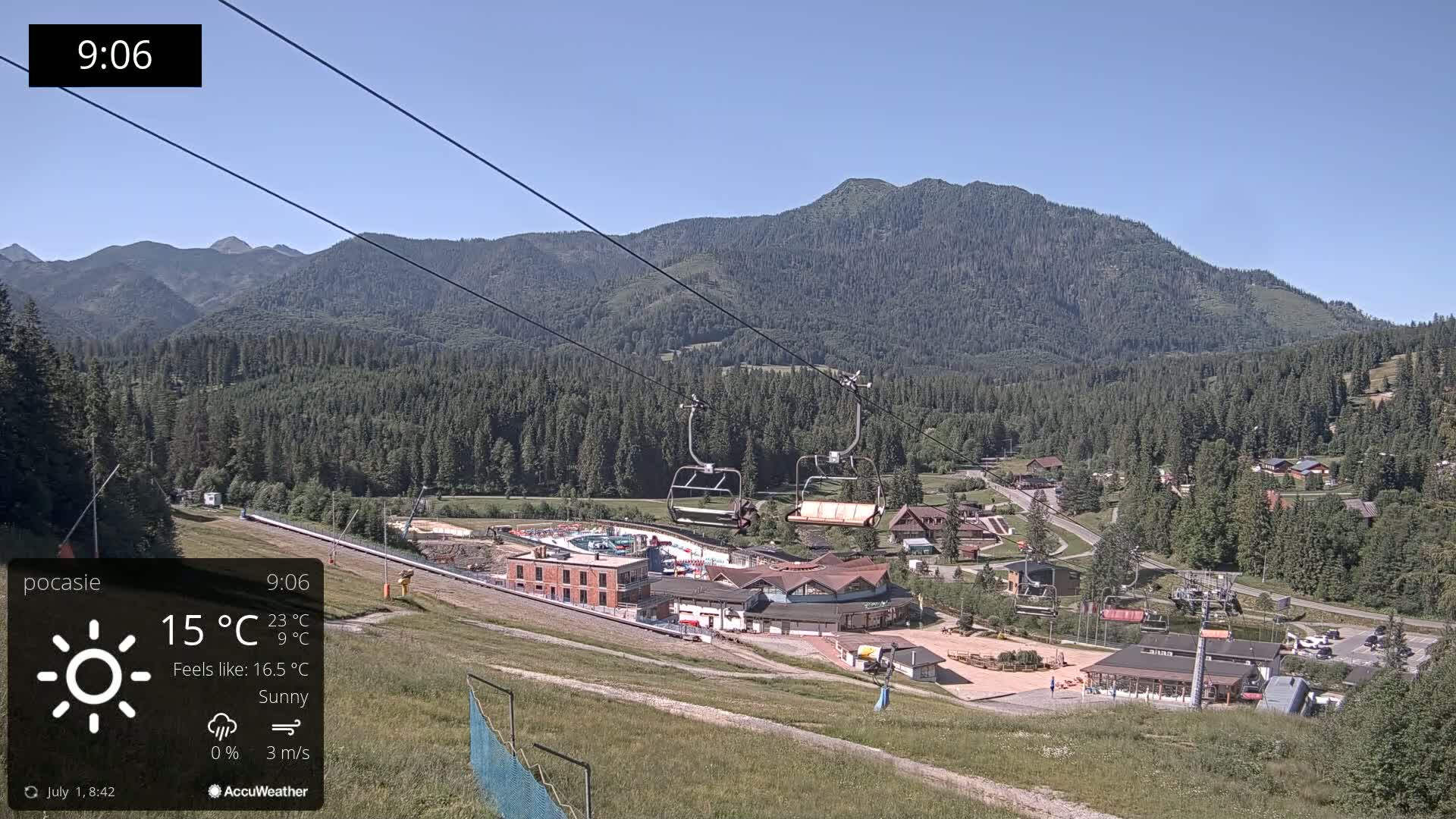 A sunny mountain resort with a chairlift and water park is visible, nestled among evergreen forests under a clear blue sky.