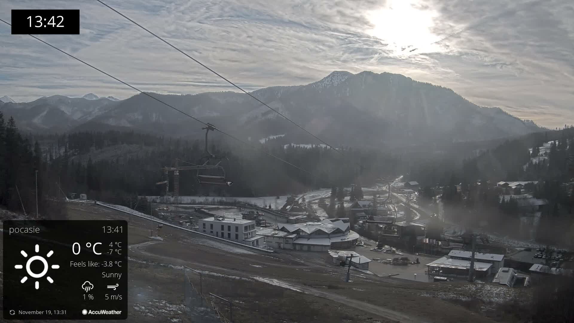 A mostly cloudy night scene shows dimly lit buildings and scattered lights.
