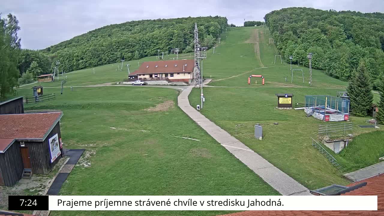 A grassy ski slope with a building, lift towers, and other recreational facilities is visible on an overcast day.