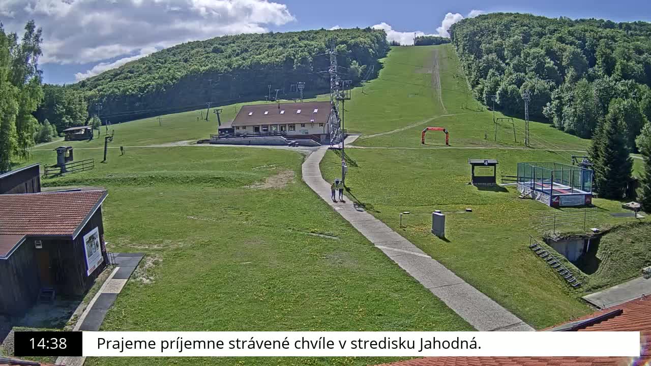 A grassy ski slope with a building, a paved pathway, and two people walking, all under a sunny sky.