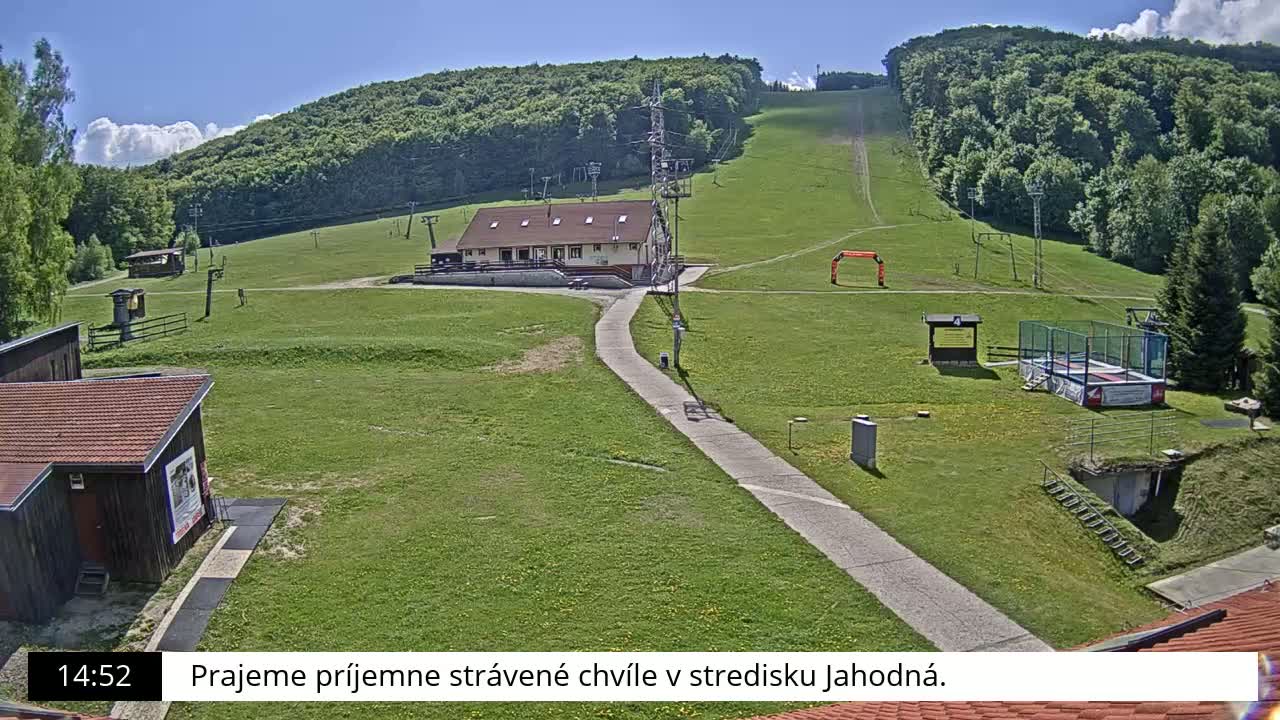 A grassy ski slope with a building, a paved path, and recreational equipment is visible under a mostly sunny sky.