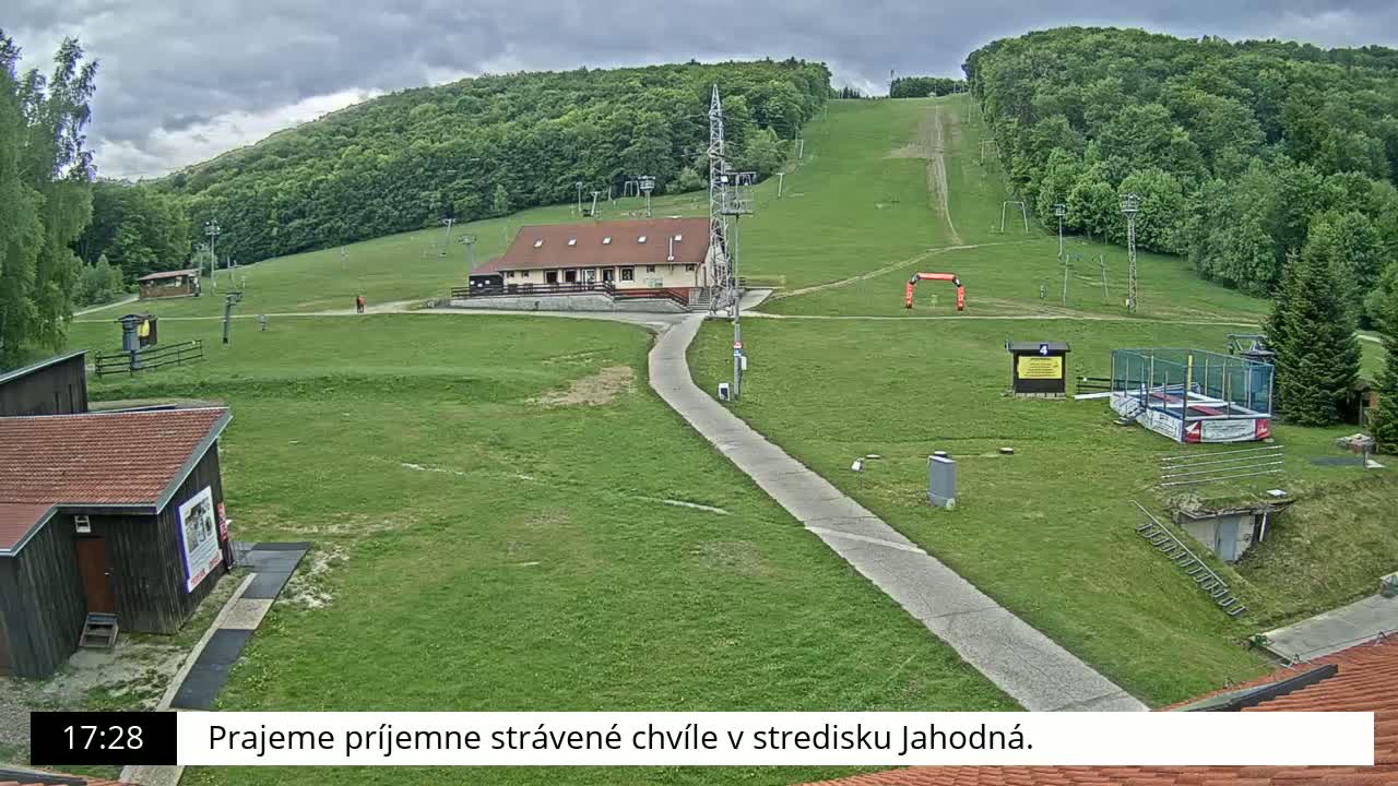 A paved path leads to a ski lodge and a grassy ski slope on an overcast day.
