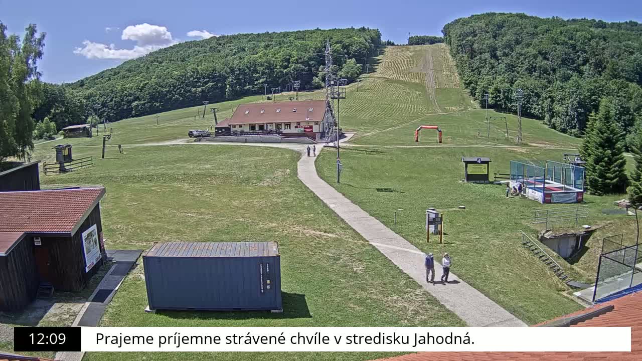 A ski slope with a building, grassy areas, and a few people walking on a sunny day.
